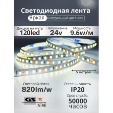 Светодиодная лента 24В 9.6Вт IP20 цвет нейтральное свечение (цена указана за 1м)